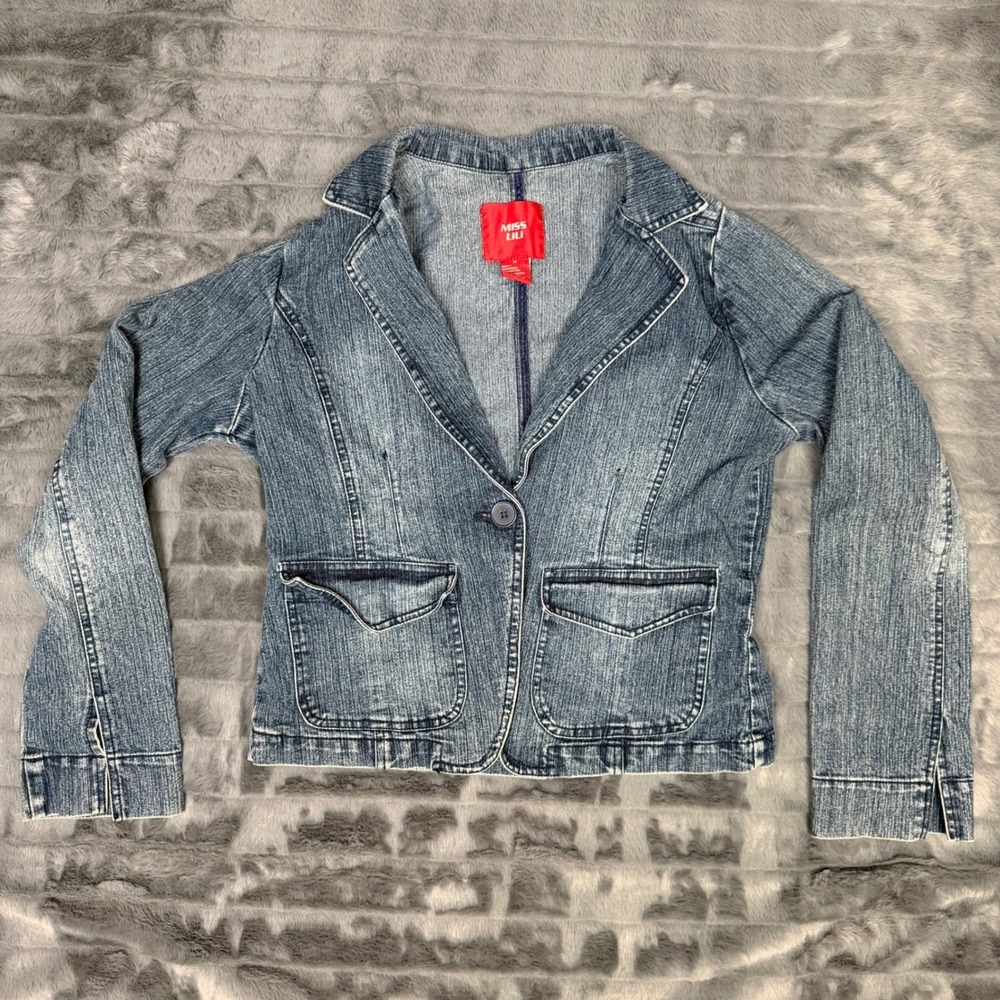 Miss Lili Women Blue Denim Blazer Jacket Medium Wash Stretch Single Button M